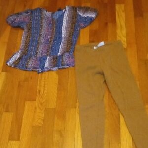 Blue and Brown Patterned Top with Tan ribbed leggings, girl xl